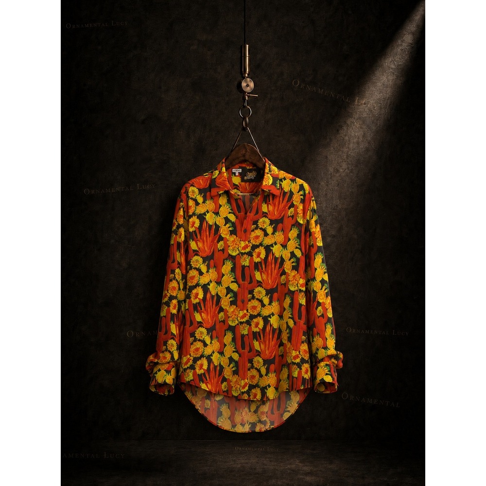 Loewe x Paula's Ibiza SS22 Cactus Print High-Low Button Up Shirt Orange FR 38